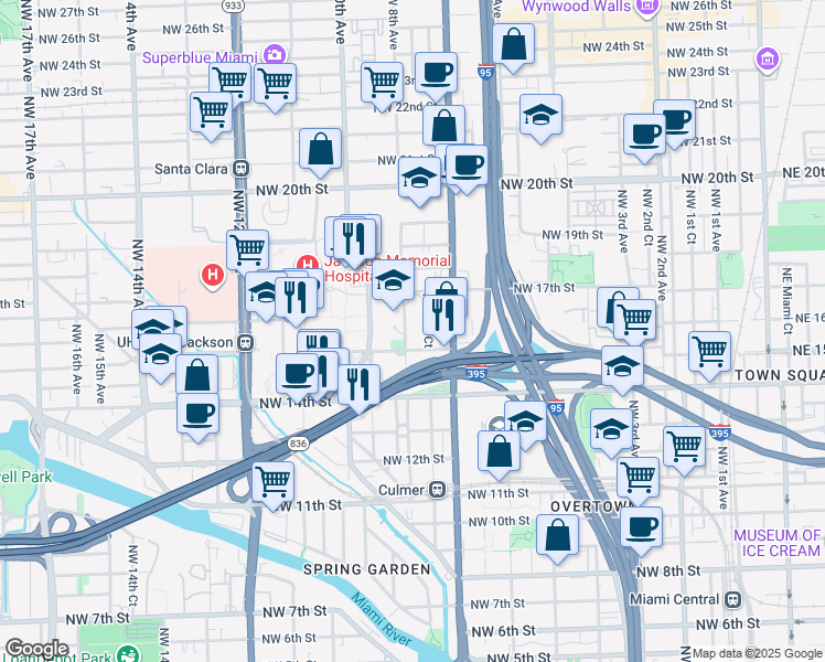 map of restaurants, bars, coffee shops, grocery stores, and more near 12 Northwest 15th Street in Miami