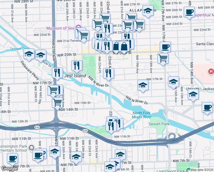 map of restaurants, bars, coffee shops, grocery stores, and more near 1632 Northwest 22nd Avenue in Miami