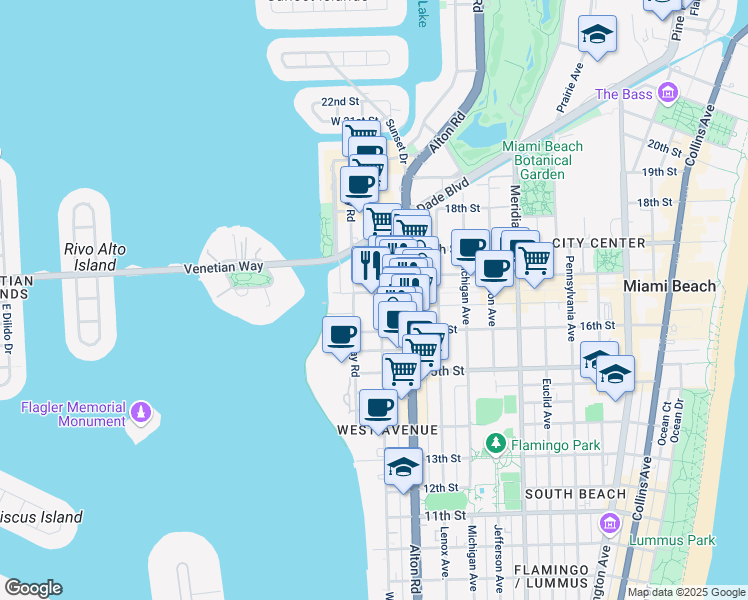 map of restaurants, bars, coffee shops, grocery stores, and more near 1300 Lincoln Road in Miami Beach