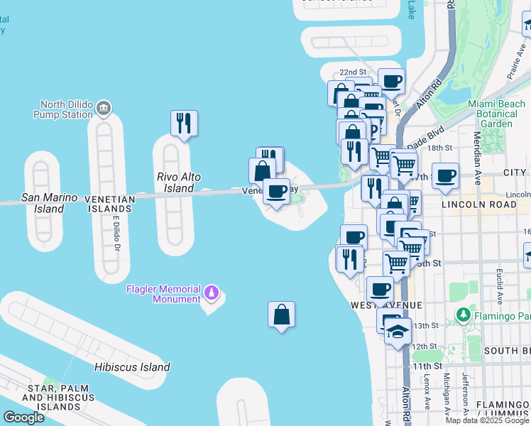 map of restaurants, bars, coffee shops, grocery stores, and more near 9 Island Avenue in Miami Beach