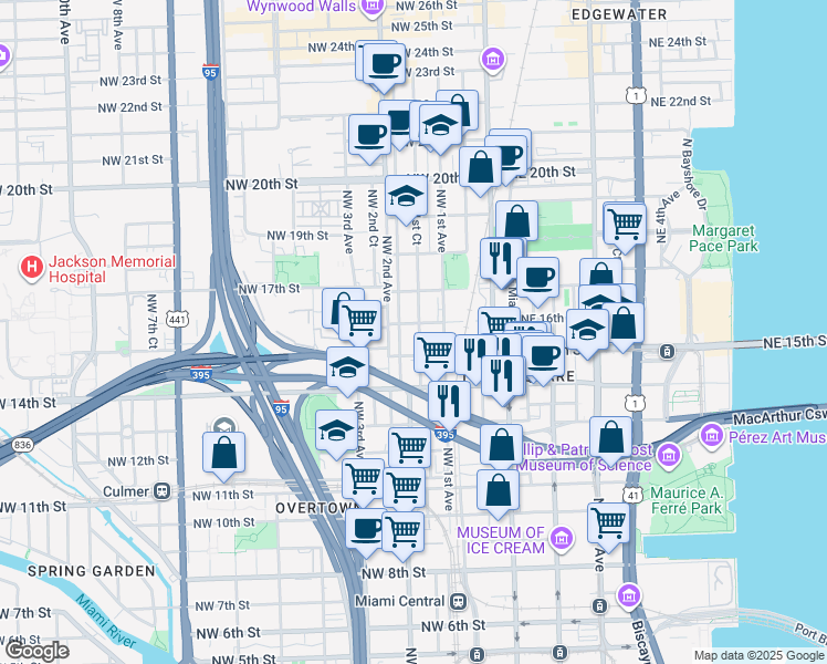 map of restaurants, bars, coffee shops, grocery stores, and more near 139 Northwest 15th Street in Miami