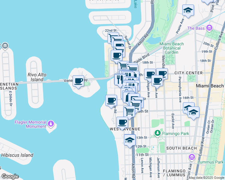 map of restaurants, bars, coffee shops, grocery stores, and more near 1400 Lincoln Road in Miami Beach