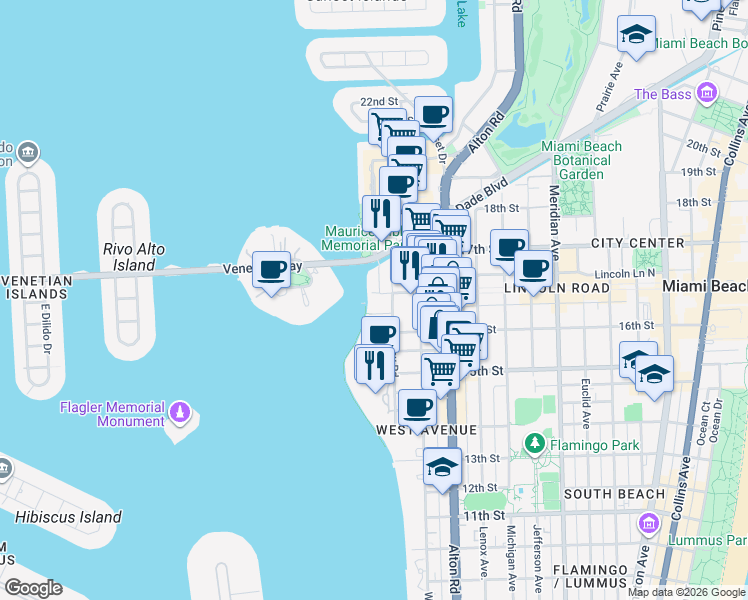 map of restaurants, bars, coffee shops, grocery stores, and more near 1445 16th Street in Miami Beach