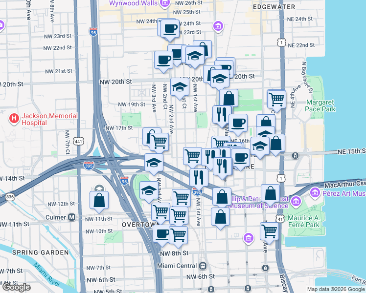 map of restaurants, bars, coffee shops, grocery stores, and more near 139 Northwest 15th Street in Miami