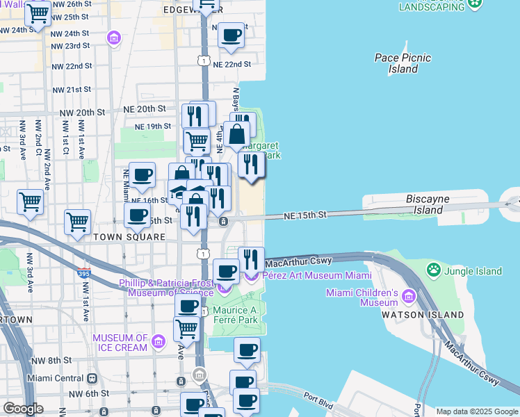 map of restaurants, bars, coffee shops, grocery stores, and more near 844 Venetian Causeway in Miami