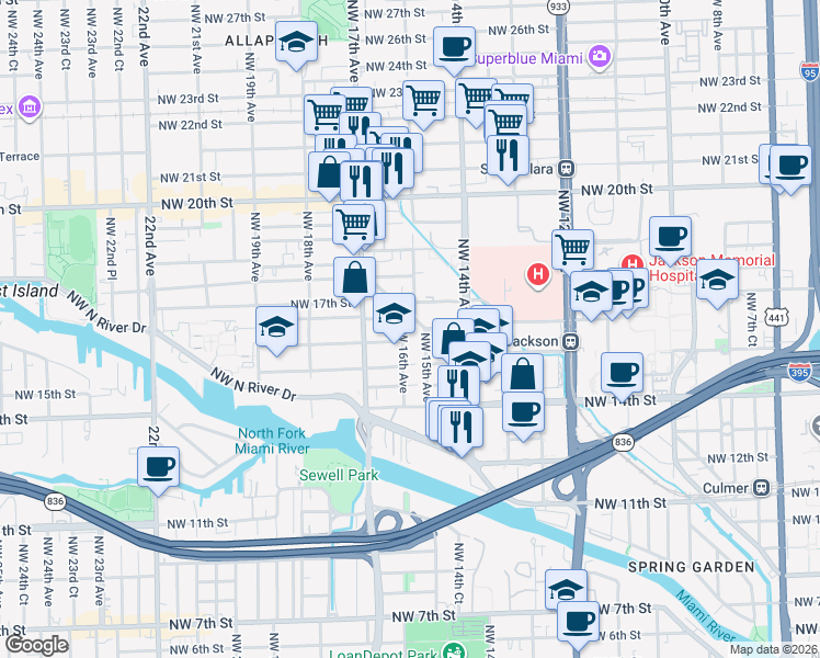 map of restaurants, bars, coffee shops, grocery stores, and more near 1531 Northwest 16th Avenue in Miami
