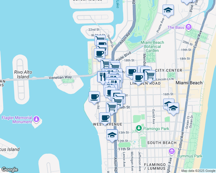 map of restaurants, bars, coffee shops, grocery stores, and more near 1615 West Avenue in Miami Beach