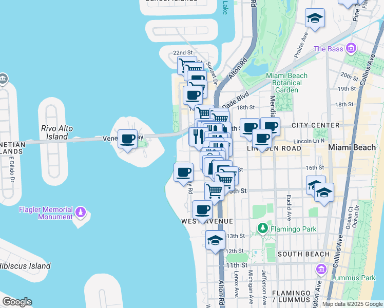 map of restaurants, bars, coffee shops, grocery stores, and more near 1621 Bay Road in Miami Beach