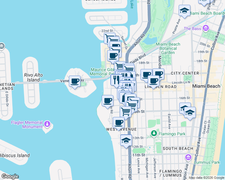 map of restaurants, bars, coffee shops, grocery stores, and more near 1621 Bay Road in Miami Beach