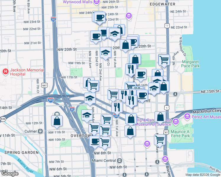 map of restaurants, bars, coffee shops, grocery stores, and more near 139 Northwest 15th Street in Miami