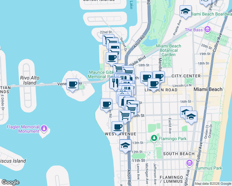 map of restaurants, bars, coffee shops, grocery stores, and more near 1621 Bay Road in Miami Beach