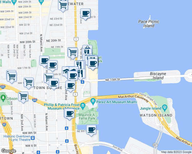map of restaurants, bars, coffee shops, grocery stores, and more near 844 Venetian Causeway in Miami