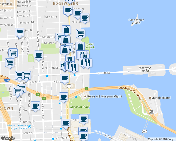 map of restaurants, bars, coffee shops, grocery stores, and more near 844 Venetian Causeway in Miami