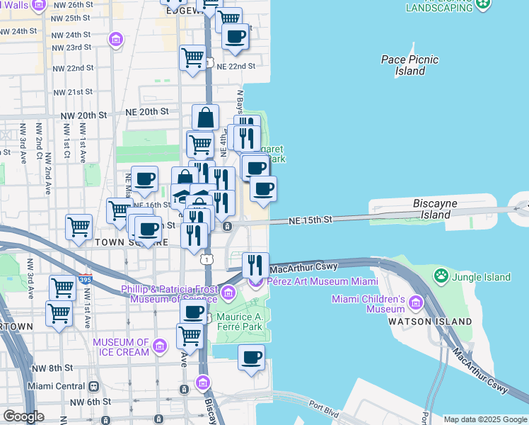 map of restaurants, bars, coffee shops, grocery stores, and more near 555 Northeast 15th Street in Miami
