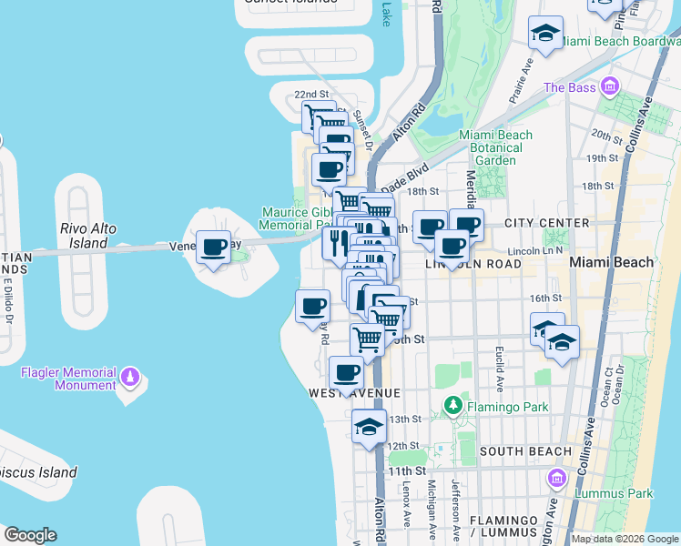 map of restaurants, bars, coffee shops, grocery stores, and more near 1621 Bay Road in Miami Beach