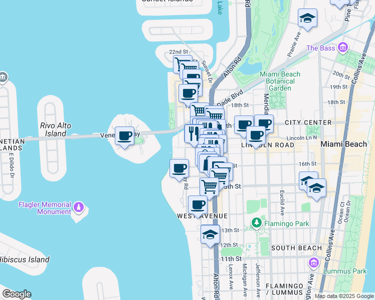 map of restaurants, bars, coffee shops, grocery stores, and more near 1621 Bay Road in Miami Beach