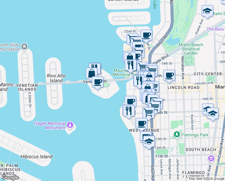 map of restaurants, bars, coffee shops, grocery stores, and more near 2044 Prairie Avenue in Miami Beach