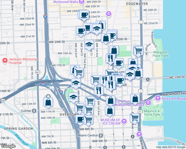 map of restaurants, bars, coffee shops, grocery stores, and more near 139 Northwest 15th Street in Miami