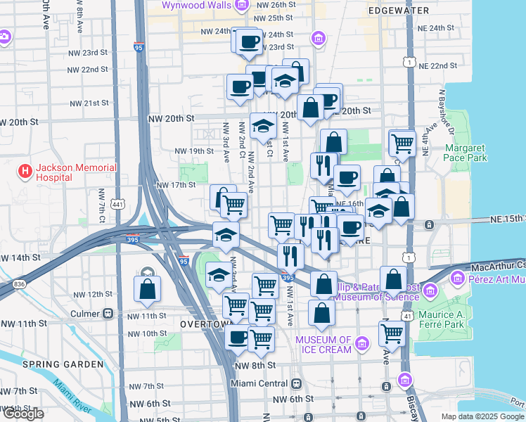 map of restaurants, bars, coffee shops, grocery stores, and more near 139 Northwest 15th Street in Miami