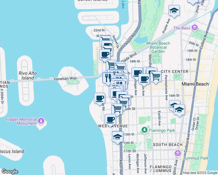 map of restaurants, bars, coffee shops, grocery stores, and more near 1615 West Avenue in Miami Beach