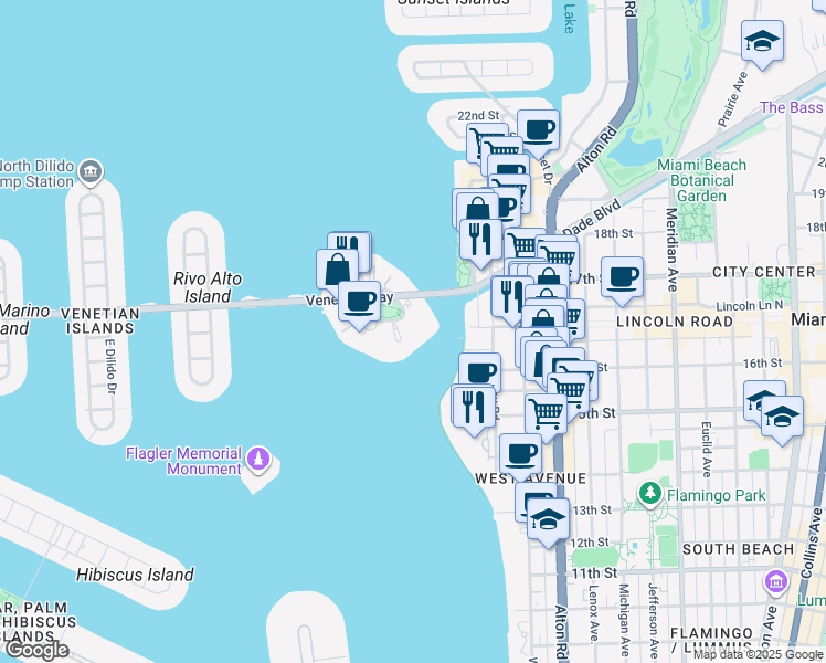 map of restaurants, bars, coffee shops, grocery stores, and more near 2044 Prairie Avenue in Miami Beach