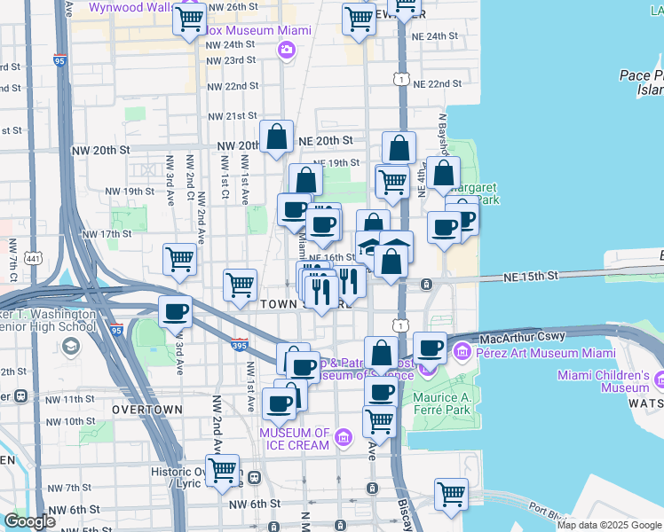 map of restaurants, bars, coffee shops, grocery stores, and more near 1500 Northeast Miami Place in Miami