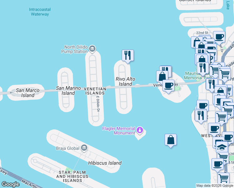 map of restaurants, bars, coffee shops, grocery stores, and more near 80 West Rivo Alto Drive in Miami Beach
