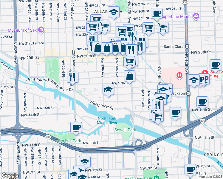 map of restaurants, bars, coffee shops, grocery stores, and more near in Miami