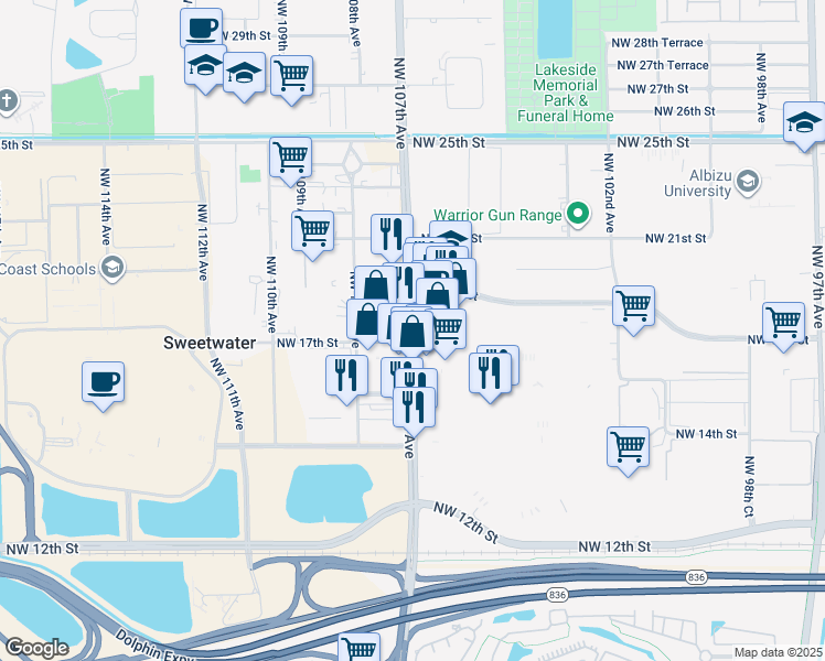 map of restaurants, bars, coffee shops, grocery stores, and more near Northwest 107th Avenue in Miami