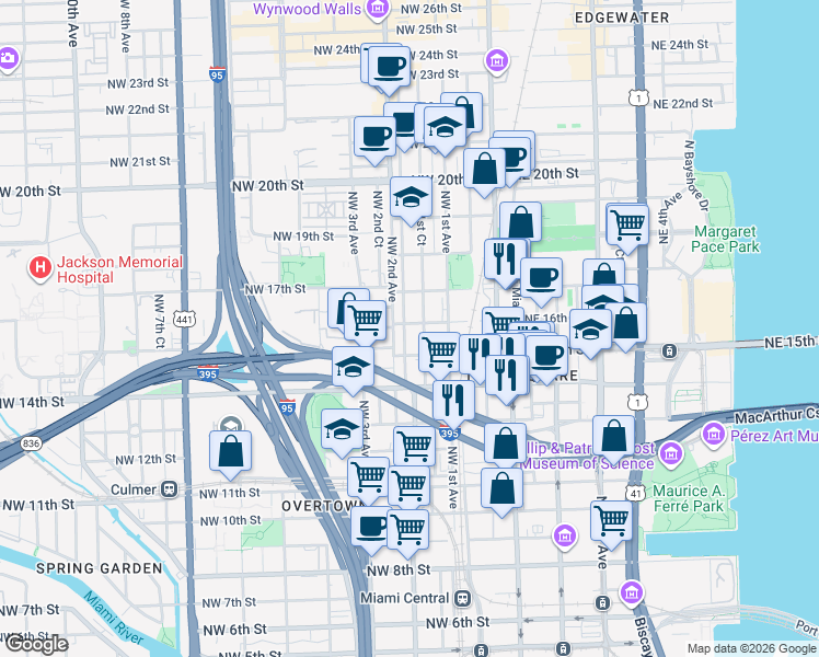 map of restaurants, bars, coffee shops, grocery stores, and more near 139 Northwest 15th Street in Miami