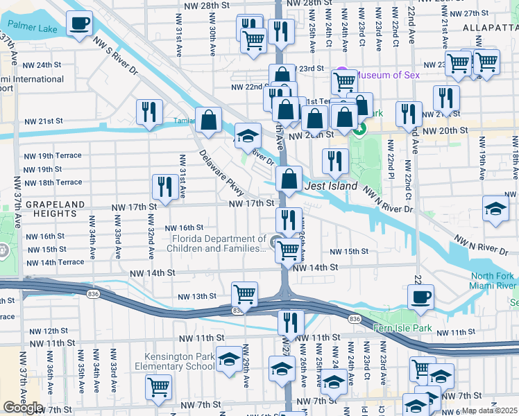 map of restaurants, bars, coffee shops, grocery stores, and more near 2601 Northwest 16th Street Road in Miami