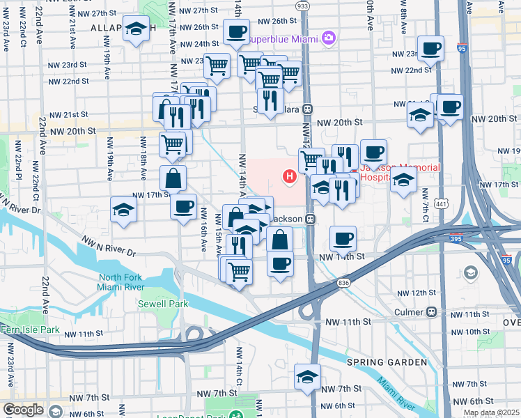map of restaurants, bars, coffee shops, grocery stores, and more near 1631 Northwest 13th Court in Miami