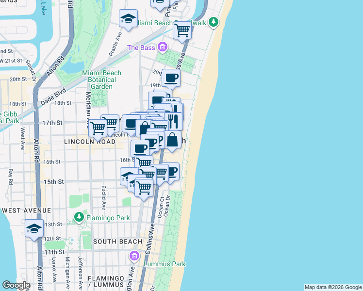 map of restaurants, bars, coffee shops, grocery stores, and more near 41 Lincoln Road in Miami Beach