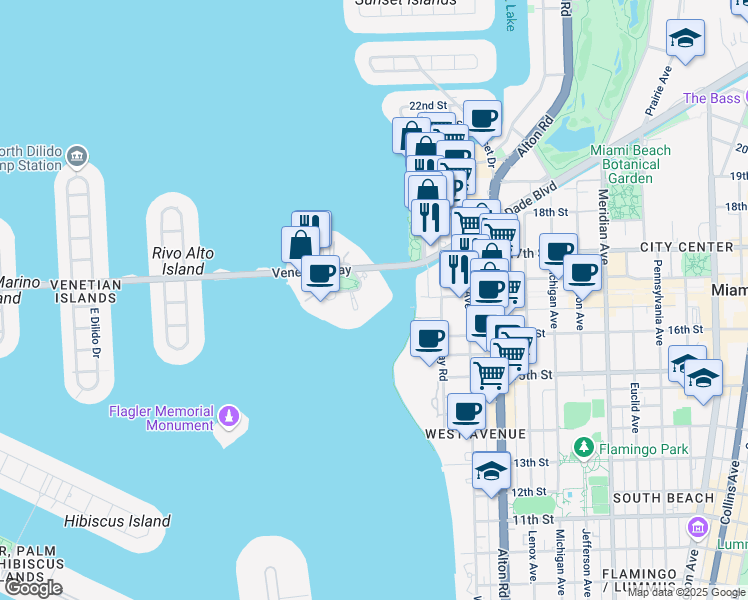 map of restaurants, bars, coffee shops, grocery stores, and more near 10 Venetian Way in Miami Beach