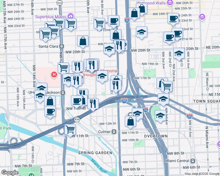 map of restaurants, bars, coffee shops, grocery stores, and more near 1651 Northwest 7th Court in Miami