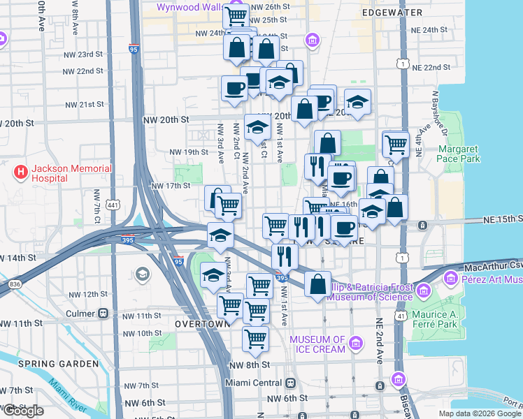 map of restaurants, bars, coffee shops, grocery stores, and more near 1635 Northwest 1st Court in Miami