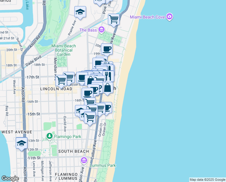 map of restaurants, bars, coffee shops, grocery stores, and more near 41 Lincoln Road in Miami Beach
