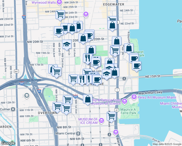 map of restaurants, bars, coffee shops, grocery stores, and more near 1625 North Miami Avenue in Miami
