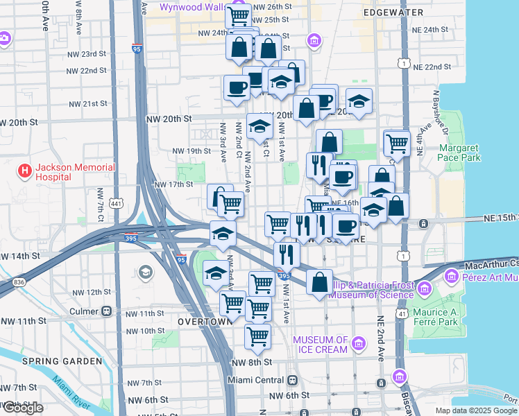 map of restaurants, bars, coffee shops, grocery stores, and more near 1635 Northwest 1st Court in Miami