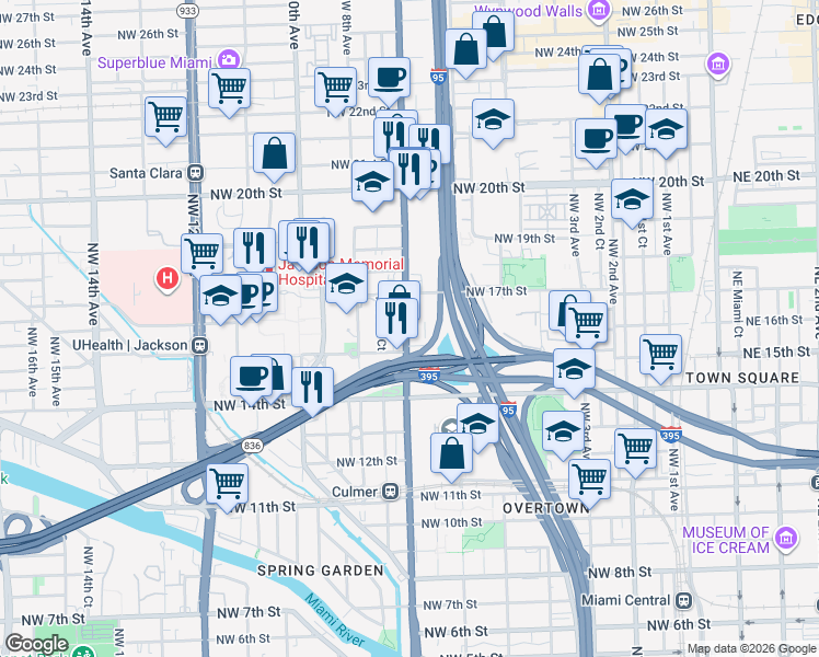 map of restaurants, bars, coffee shops, grocery stores, and more near 1603 Northwest 7th Avenue in Miami
