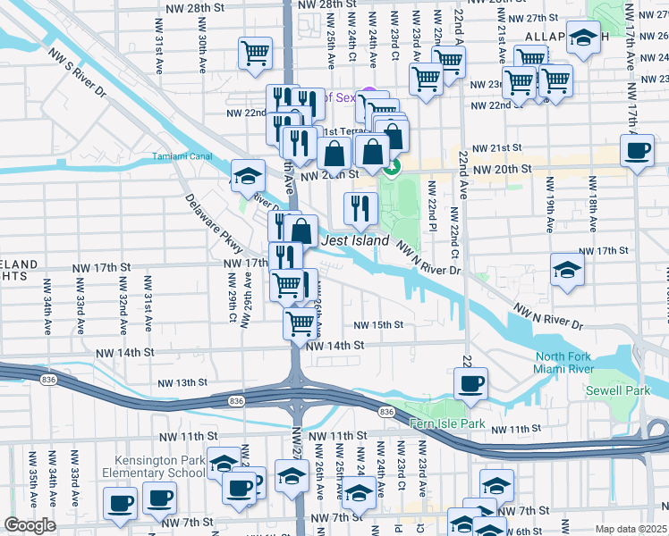 map of restaurants, bars, coffee shops, grocery stores, and more near 2490 Northwest 18th Terrace in Miami