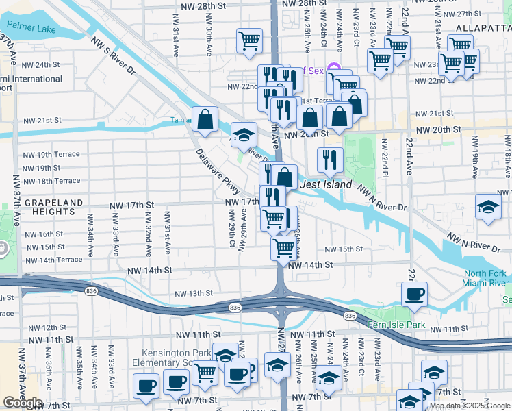 map of restaurants, bars, coffee shops, grocery stores, and more near 2765 Northwest 17th Terrace in Miami