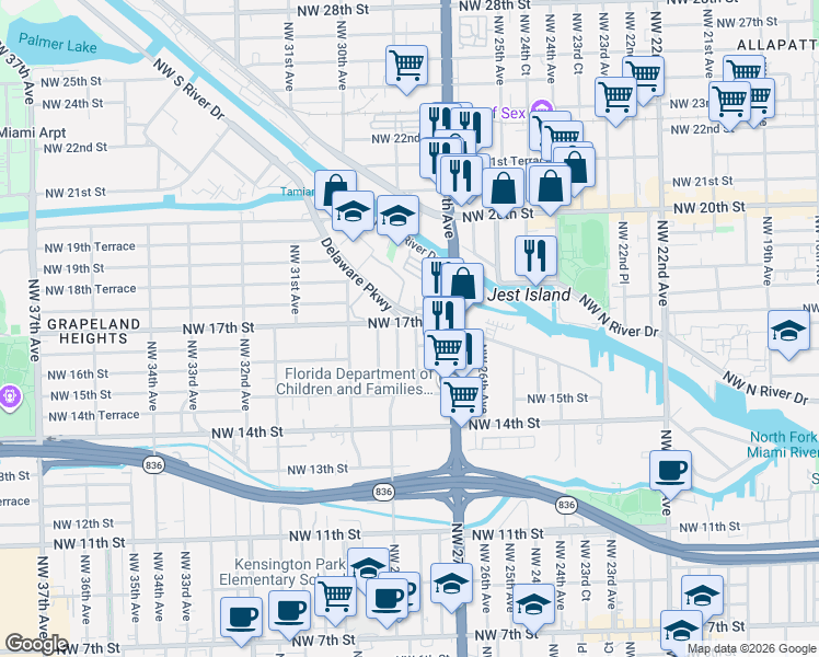 map of restaurants, bars, coffee shops, grocery stores, and more near 2765 Northwest 17th Terrace in Miami