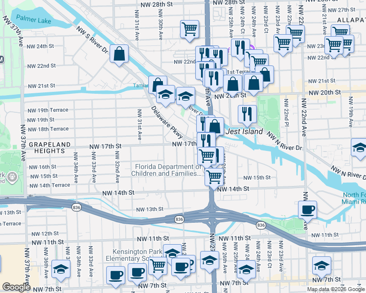 map of restaurants, bars, coffee shops, grocery stores, and more near 1700 Delaware Parkway in Miami