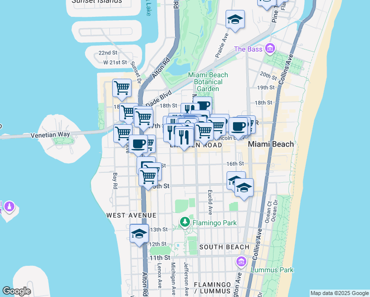 map of restaurants, bars, coffee shops, grocery stores, and more near Lincoln Road Mall in Miami Beach