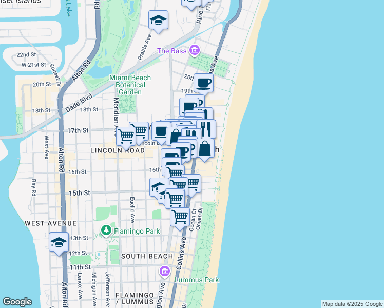 map of restaurants, bars, coffee shops, grocery stores, and more near in Miami Beach