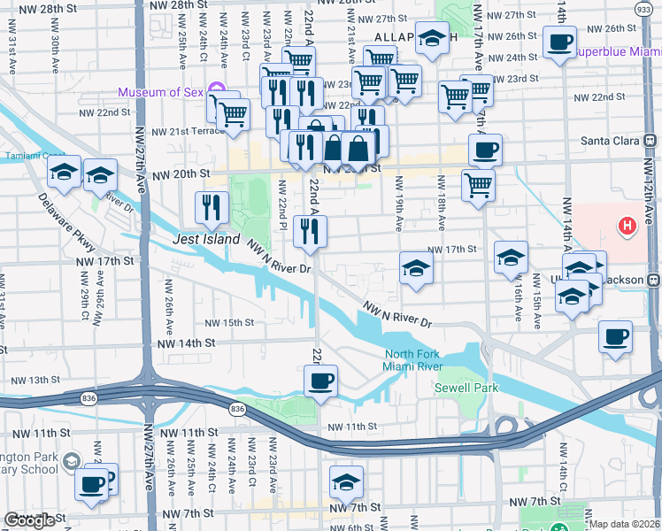 map of restaurants, bars, coffee shops, grocery stores, and more near 2185 Northwest 16th Terrace in Miami