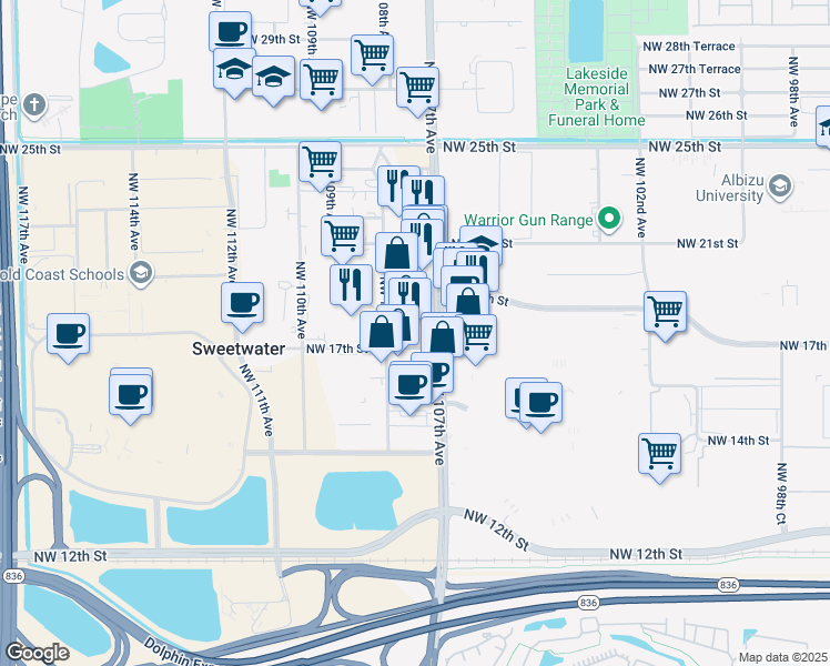 map of restaurants, bars, coffee shops, grocery stores, and more near 10711 Northwest 18th Street in Miami