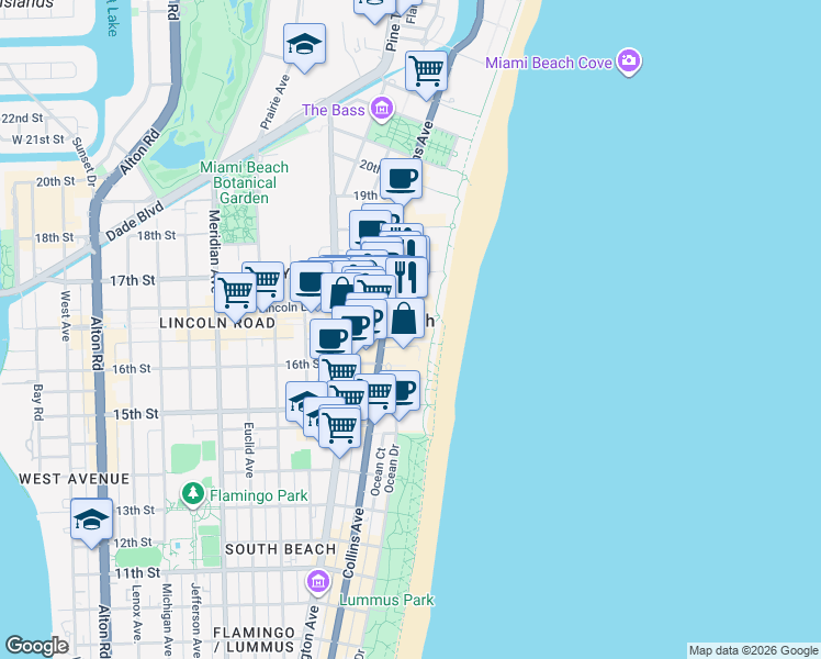 map of restaurants, bars, coffee shops, grocery stores, and more near 100 Lincoln Road in Miami