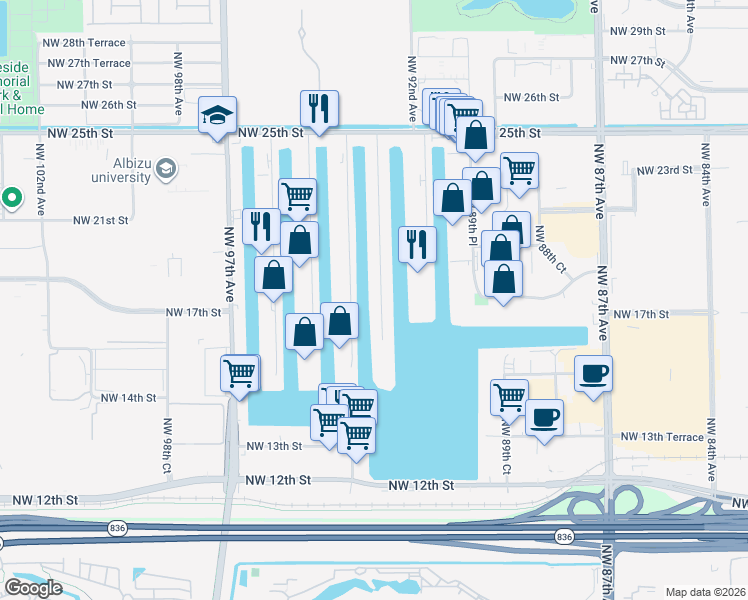 map of restaurants, bars, coffee shops, grocery stores, and more near 1801 Northwest 93rd Avenue in Doral